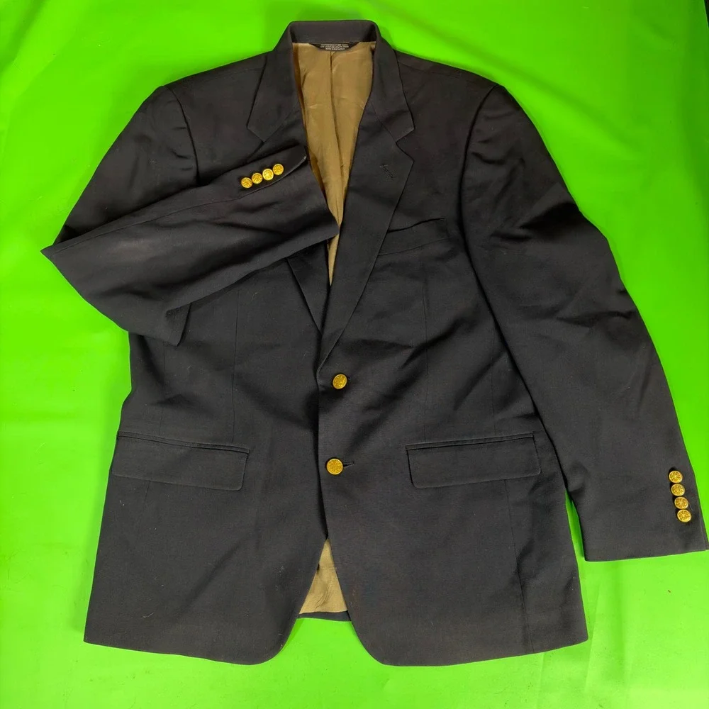 Evan-Picone Blazer Mens 42R Navy Blue 100% Wool Gold Buttons 2-Btn Sport Coat